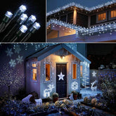 Decorative string lights being used to light up a house exterior and garden.